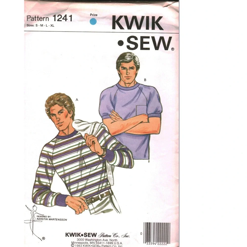 Vintage 1983 Kwik Sew 1241 Mens Raglan Sleeve T-Shirt Sewing Pattern S-XL Retro